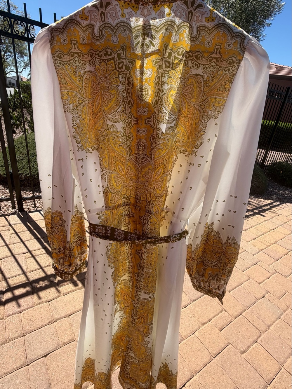 Women's White and Mustard Paisley Long-Sleeve Dress